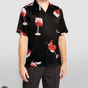 Nahmias Webster Exclusive Fine Wine Silk‎ Shirt Mens XS Black Red Wine Glass New